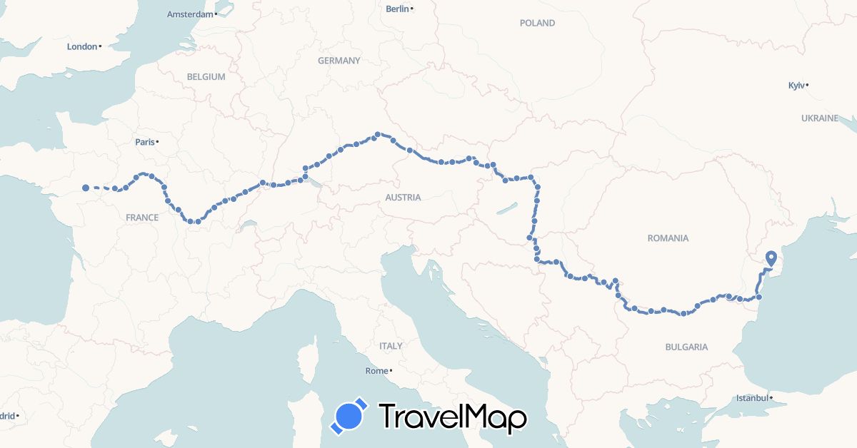 TravelMap itinerary: cycling in Austria, Bulgaria, Switzerland, Germany, France, Croatia, Hungary, Romania, Serbia, Slovakia (Europe)